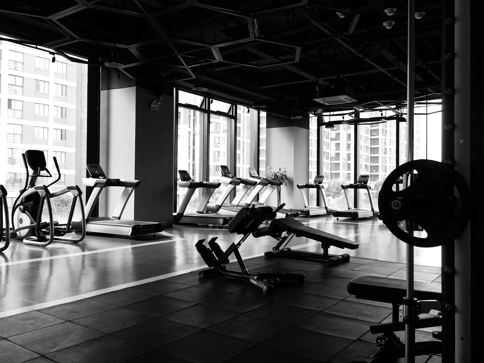 Cardio equipment in a sunlit gym — treadmills, ellipticals, and weight benches used for fat-loss alongside glute training