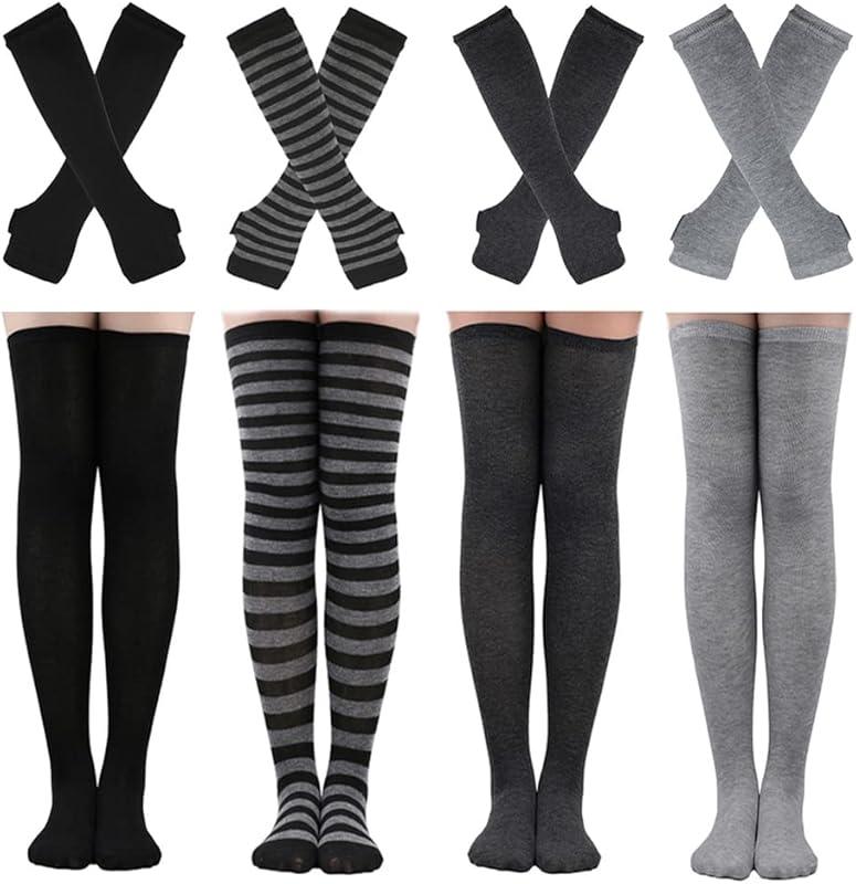Barrlves 4 Sets Womens Striped Knee High Socks Long Knit Arm Warmers Fingerless Gloves for Halloween Costume (4sets Solid Black+White+DeepGrey+Grey) at Amazon Women’s Clothing stor