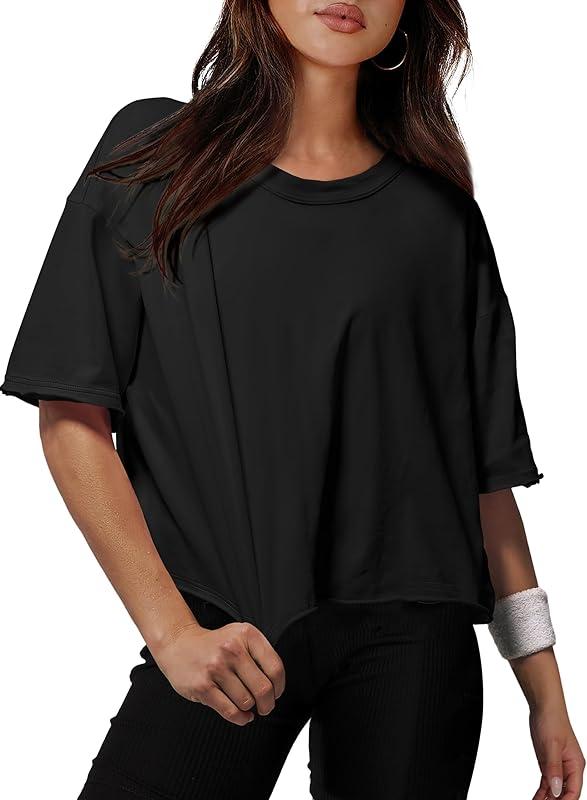 Womens Cotton Tshirts Loose Fit Black Oversized Crop Tops Athletic Running Short Sleeve Drop Shoulder Tee Tops Summer M at Amazon Women’s Clothing store