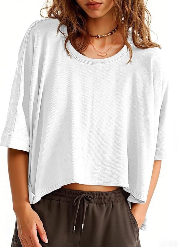 Tankaneo Womens Oversized T-Shirts Cropped Summer Casual Short Sleeve Loose Fit Tee Tops White at Amazon Women’s Clothing store