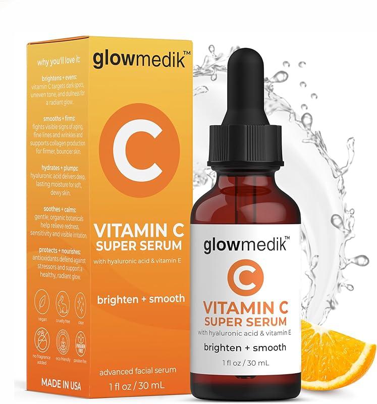 GlowMedik Vitamin C Serum for Face - Illuminating Brightening Serum for Dark Spots - Dark Spot Corrector with Hyaluronic Acid & Vitamin E - Fine Lines & Wrinkles, Sensitive Skin, M