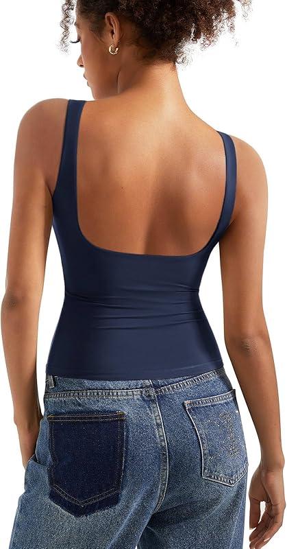SUUKSESS Women Built in Bra Open Back Boat Neck Tank Tops Double Lined Backless Y2K Going Out Top Basic Shirt (Navy,M) : Clothing, Shoes & Jewelry
