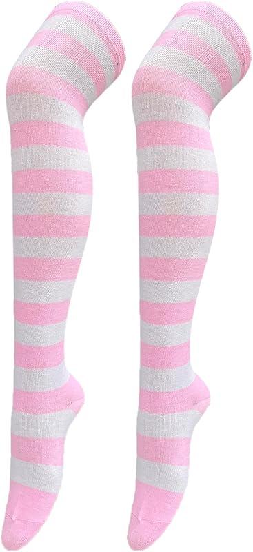 Bestjybt Women Striped Thigh High Socks Over Knee Socks Knee High Costume Stockings Leg Warmers (White+Pink) : Clothing, Shoes & Jewelry