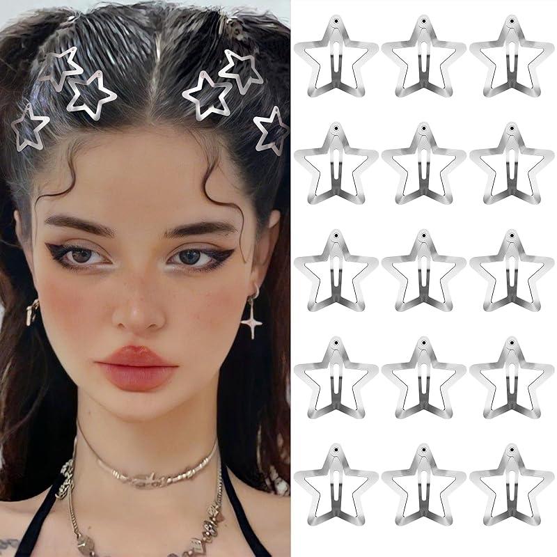 Star Hair Clips 2000s Y2K Snap Hair Barrettes Non Slip Star Hair Accessories Silver Metal Hair Clips for Girls Women -15 PCS 1.57" : Beauty & Personal Care